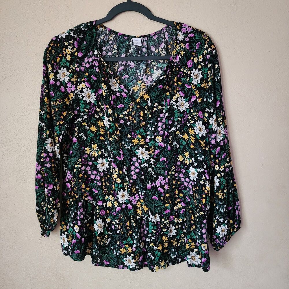 Old Navy Womens Colorful Floral Tie-Neck Peplum Blouse Size XS Cottagecore Boho